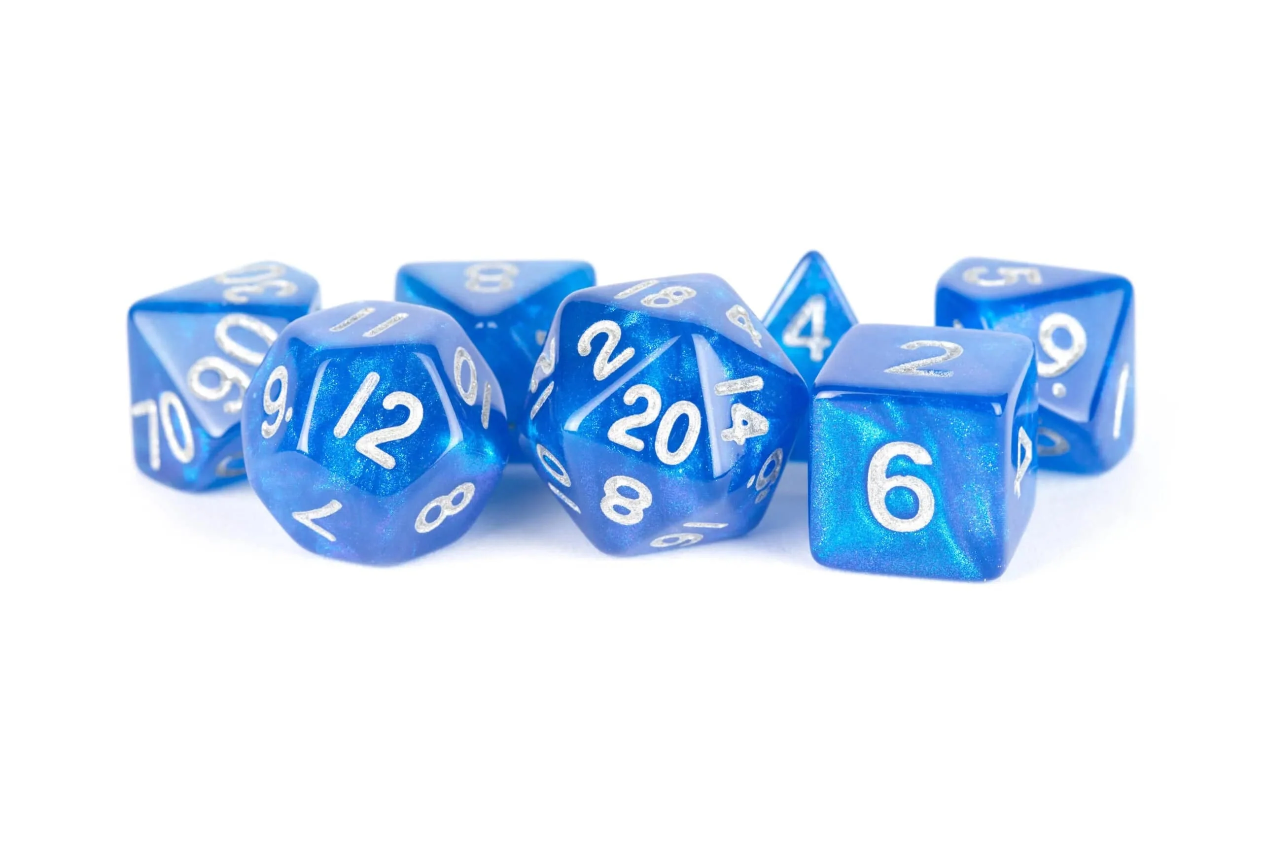 16mm Acrylic Polyhedral Dice Set: Stardust Blue w/ Silver Numbers