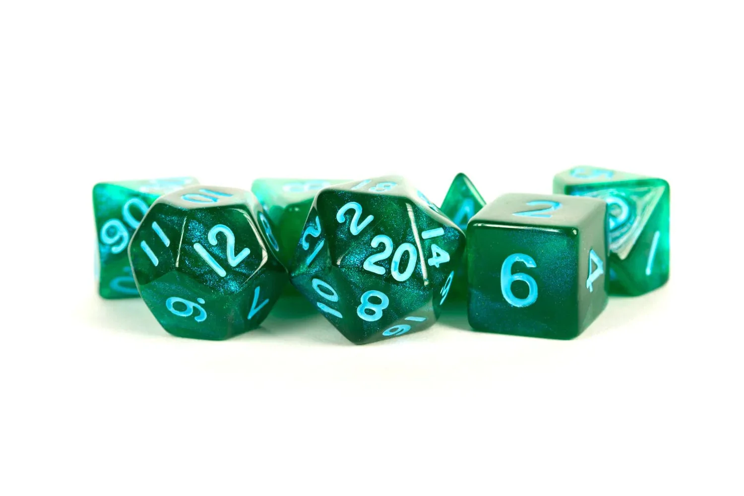 16mm Acrylic Polyhedral Dice Set: Stardust Green w/ Blue Numbers
