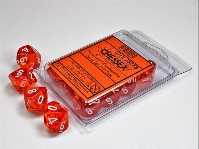 CHX23273: Chessex D10 Translucent Orange/White Set of Ten