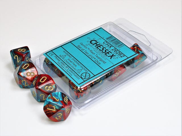 CHX26262: Chessex D10 Gemini Red Teal/Gold Set of Ten