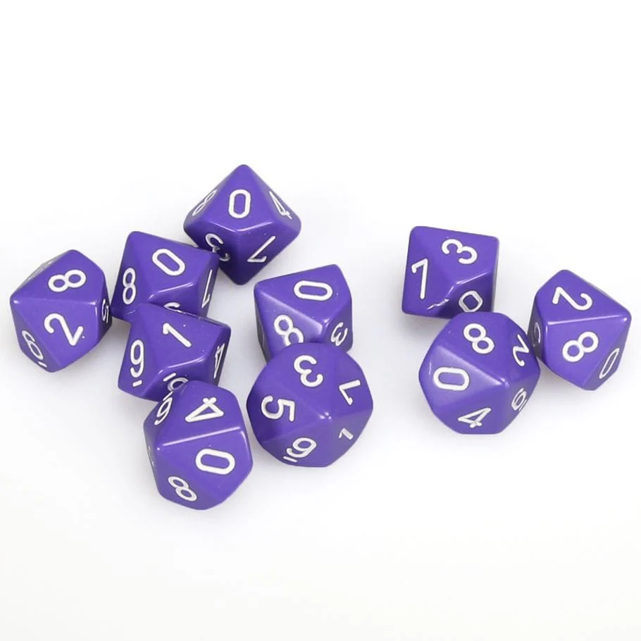 CHX26207: Chessex D10 Opaque Purple/White Set of Ten