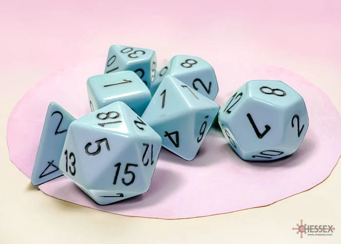 CHX25466: Chessex Opaque Pastel Blue/Black Polyhedral 7-Dice Set