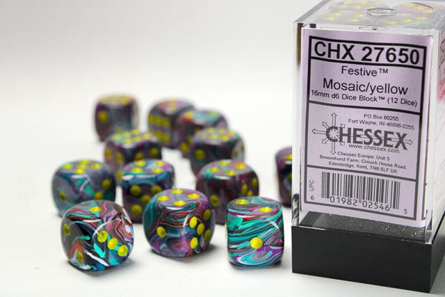 CHX27650: Chessex D6 Festive Mosaic/Yellow Dice Block