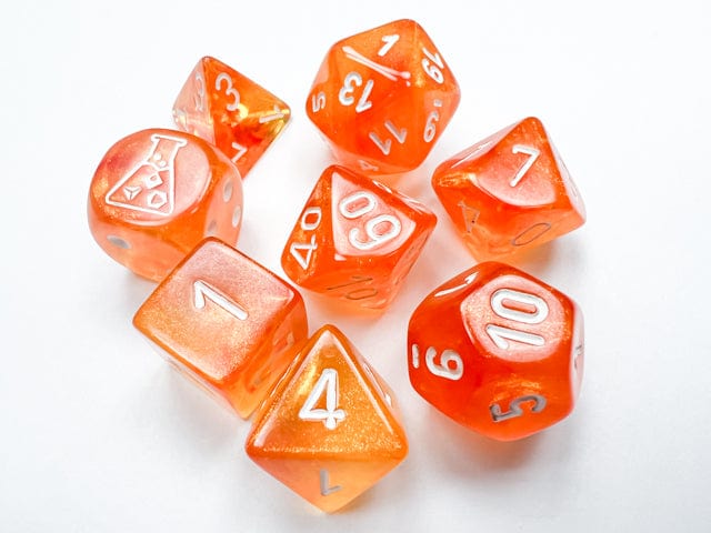 CHX30052: Chessex Borealis Blood Orange/White Luminary Polyhedral 7-Dice Set (with bonus die)