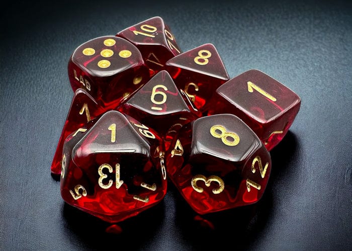 CHX30058: Chessex Translucent Crimson/Gold Polyhedral 7-Dice Set (with bonus die)