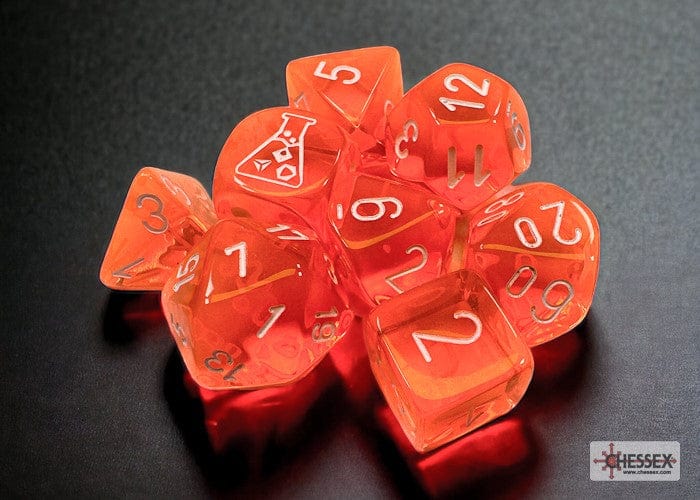 CHX30060: Chessex Translucent Neon Orange/White Polyhedral 7-Dice Set (with bonus die)
