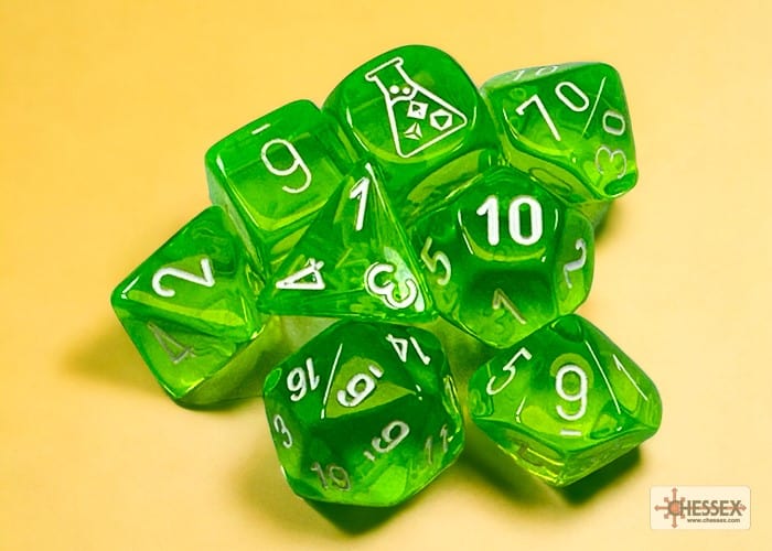 CHX30062: Chessex Translucent Rad Green/White Polyhedral 7-Dice Set (with bonus die)