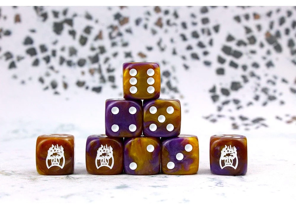 Conquest: Old Dominion Faction Dice on Purple and Gold