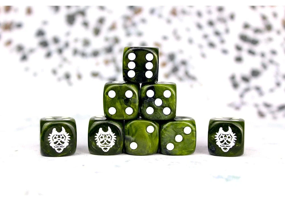 Conquest: W'adrhun Faction Dice On Green Swirl