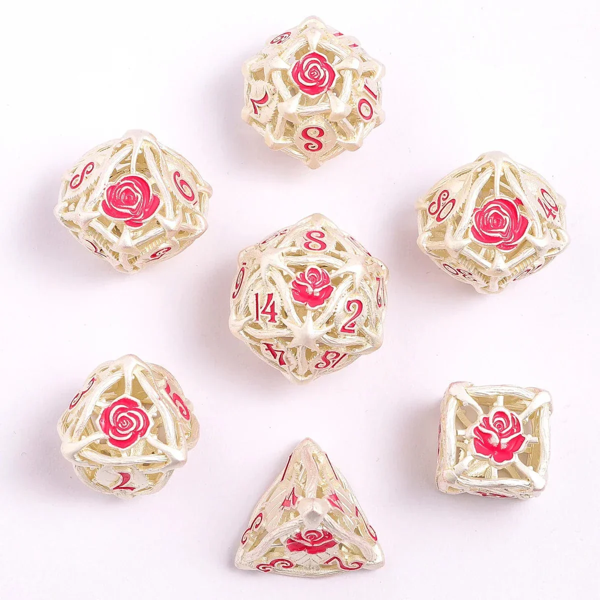 HY00532: Hollow Metal Rose Dice Set - Matt Silver w/Pink - Image 2