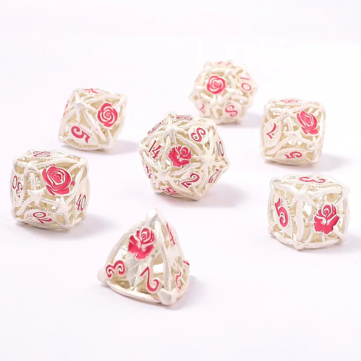 HY00532: Hollow Metal Rose Dice Set - Matt Silver w/Pink - Image 3