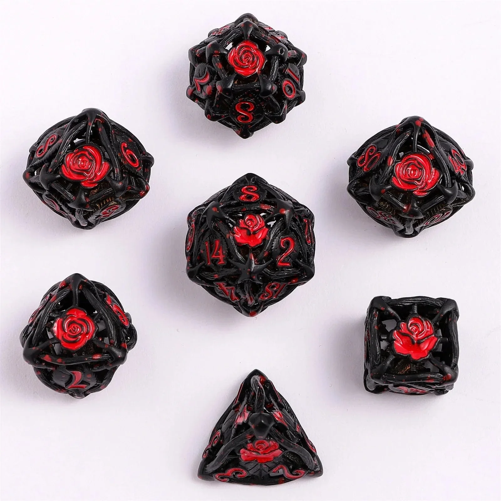 HY00536: Hollow Rose Polyhedral Metal Dice Set - Black w/Blood Spatter