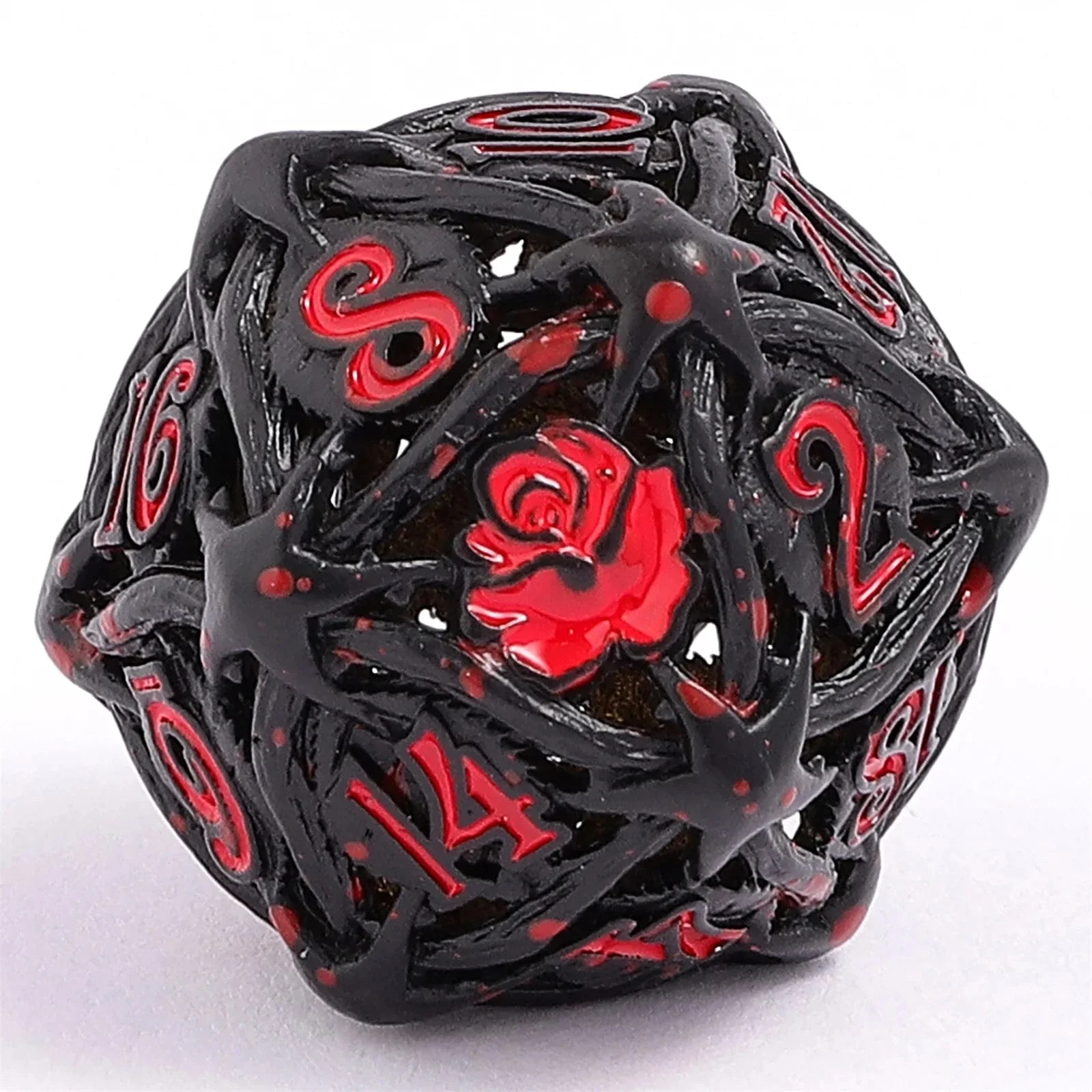 HY00536: Hollow Rose Polyhedral Metal Dice Set - Black w/Blood Spatter - Image 2