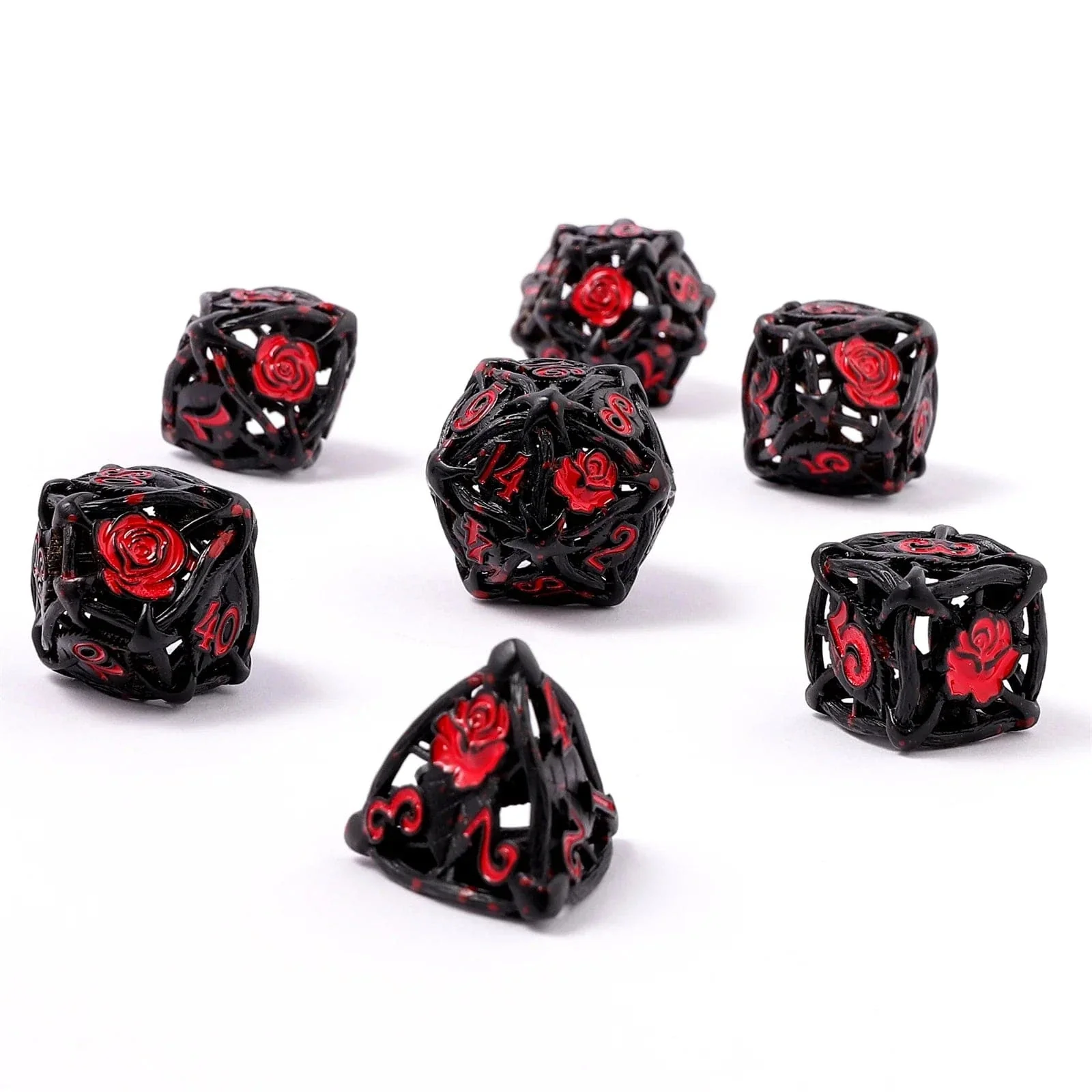 HY00536: Hollow Rose Polyhedral Metal Dice Set - Black w/Blood Spatter - Image 3
