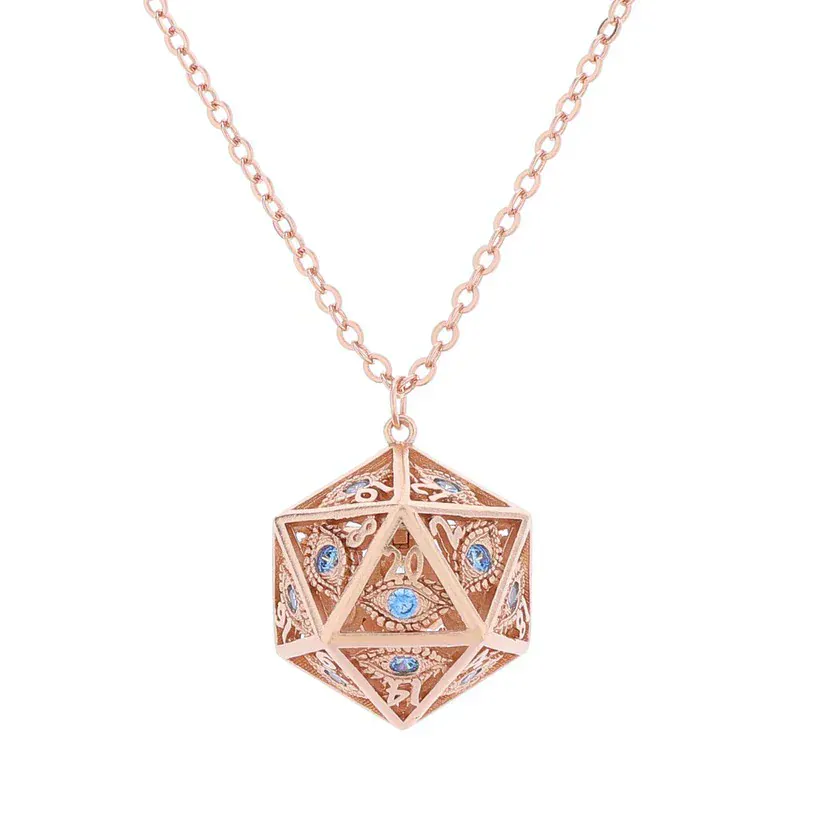 HYJ050: Dragon's Eye D20 Necklace - Rose Gold w/Blue Gems
