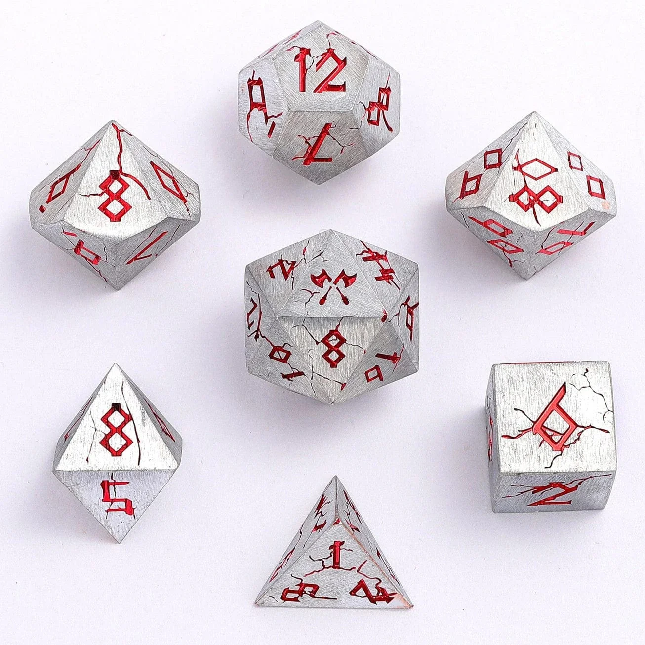 HY00356: Barbarian Solid Metal Polyhedral Dice Set - Matte Silver Red