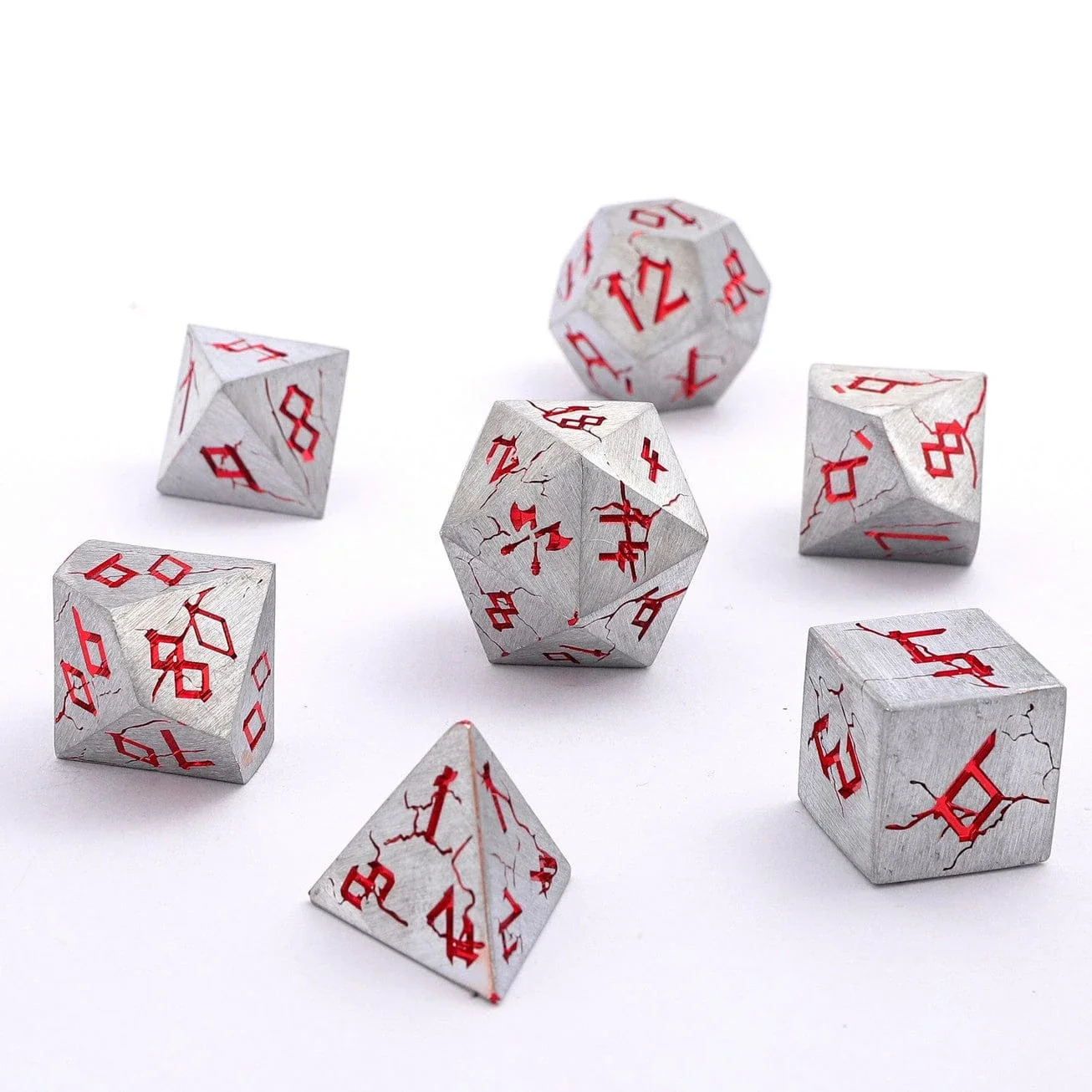 HY00356: Barbarian Solid Metal Polyhedral Dice Set - Matte Silver Red - Image 2
