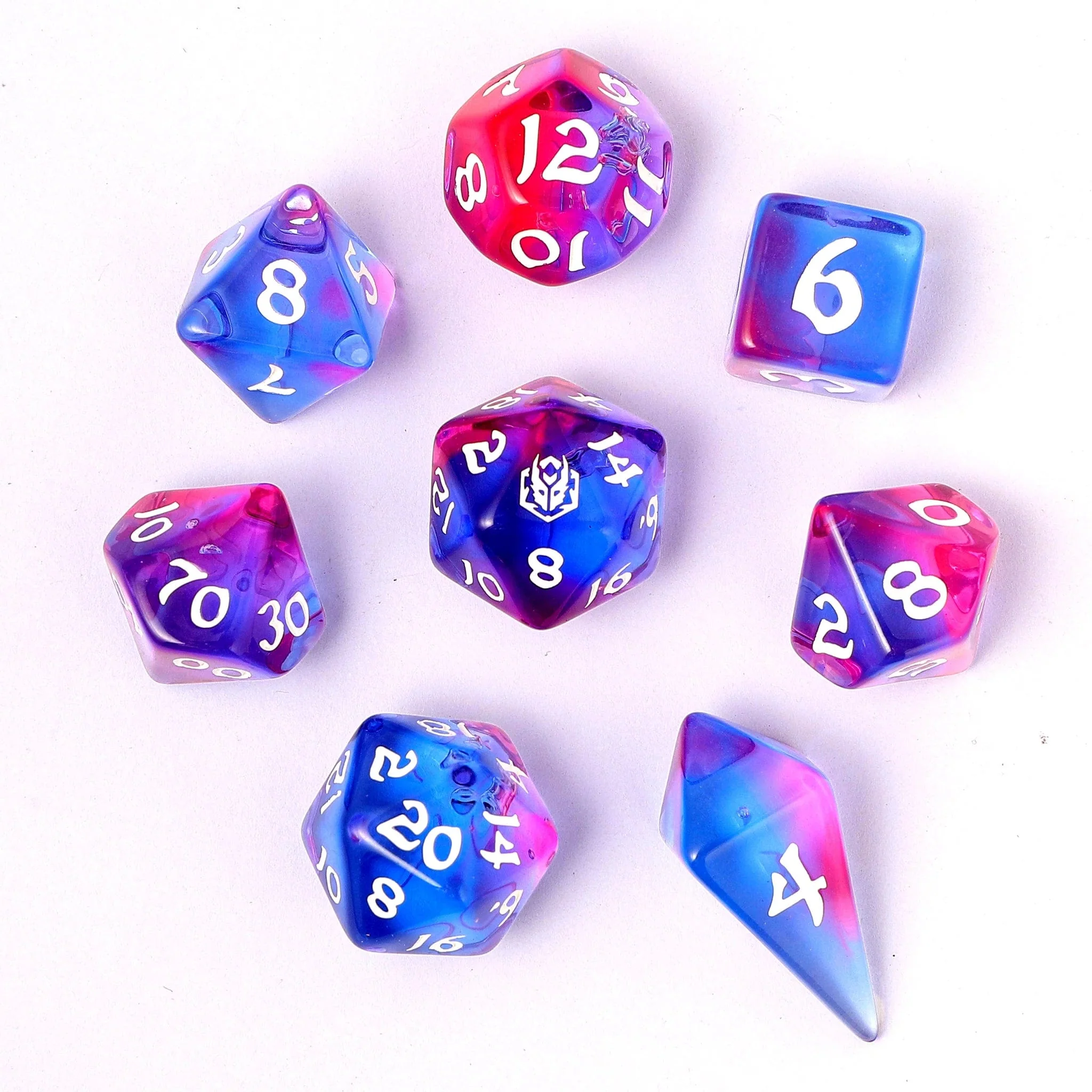 HY02011: Wyrmforged Rollers - Rounded Edge 8 Piece Polyhedral Dice set - Unicorn Tears
