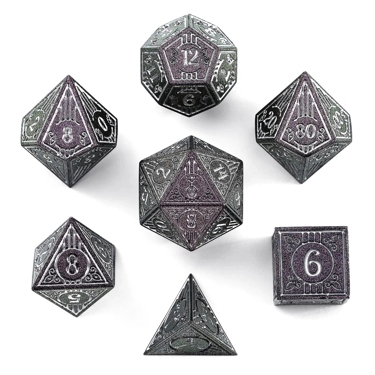HY00513: Metal Bard RPG Dice Set Glitter Purple w/Silver