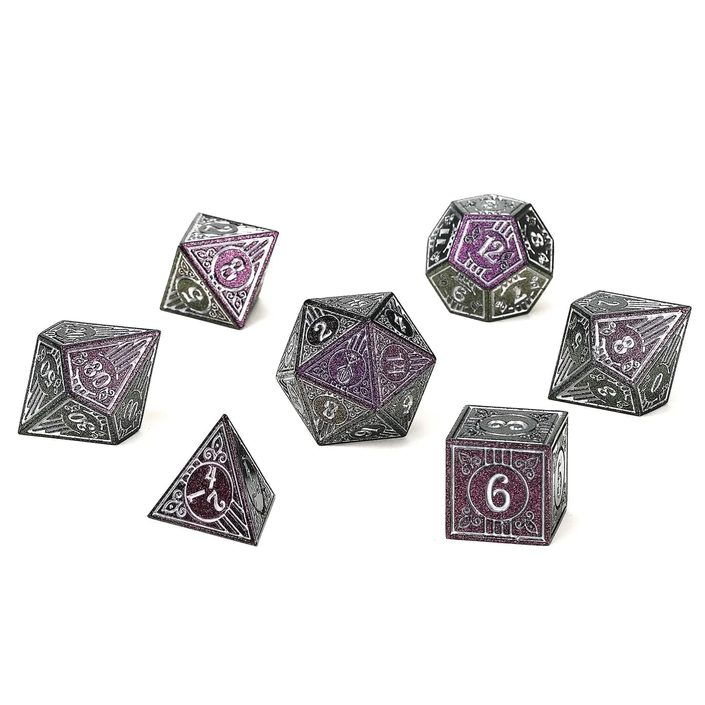 HY00513: Metal Bard RPG Dice Set Glitter Purple w/Silver - Image 3