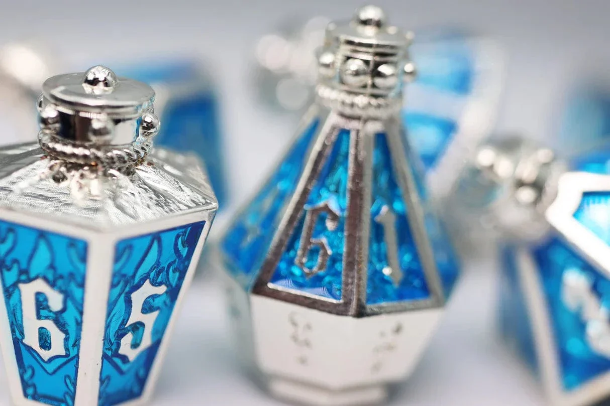 Moonlit Lantern: Silvered Frostfire - Metal RPG Dice Set - Image 4