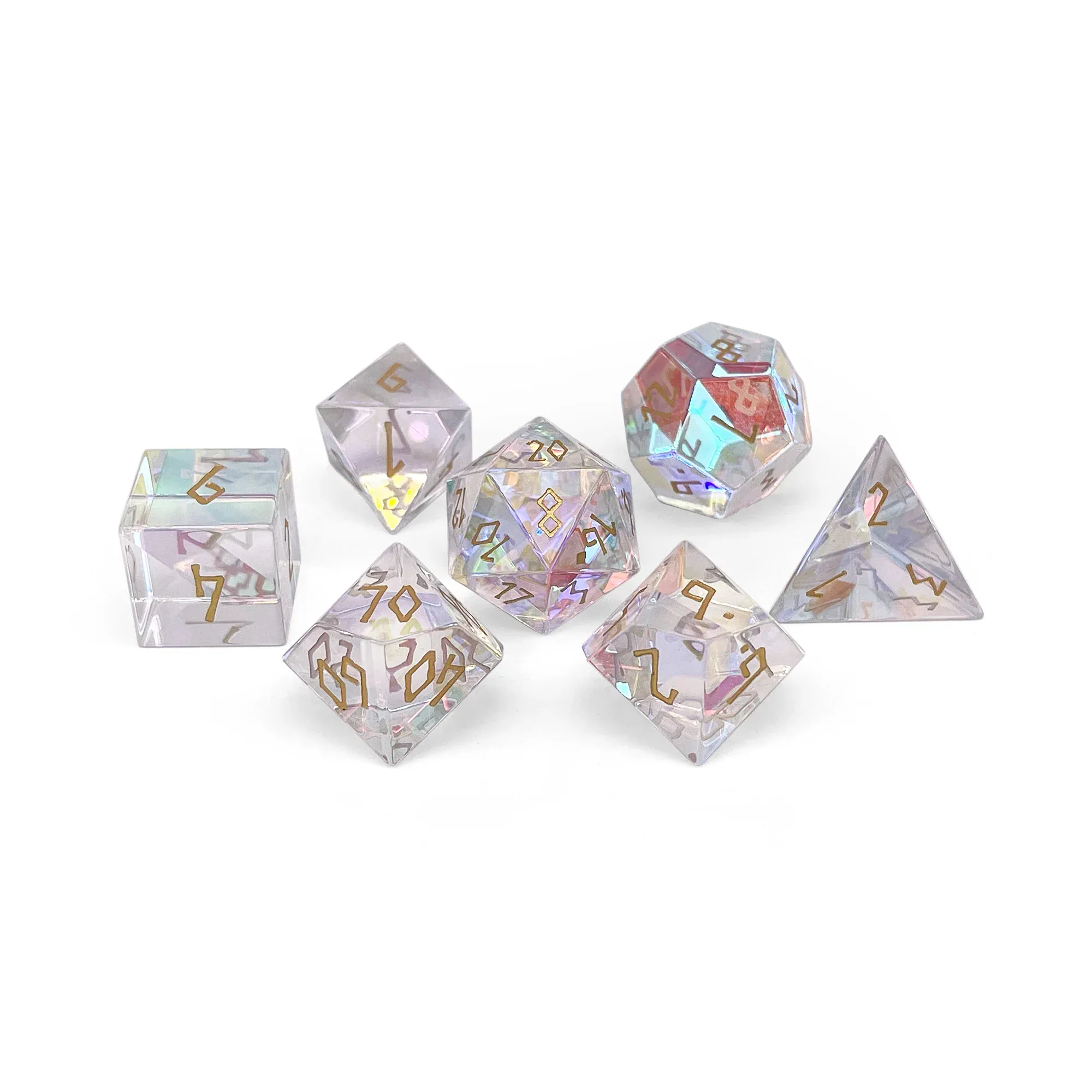 Norse Foundry: Glass Dice - K9 Rainbow Glass Gold Font (7pc Set)
