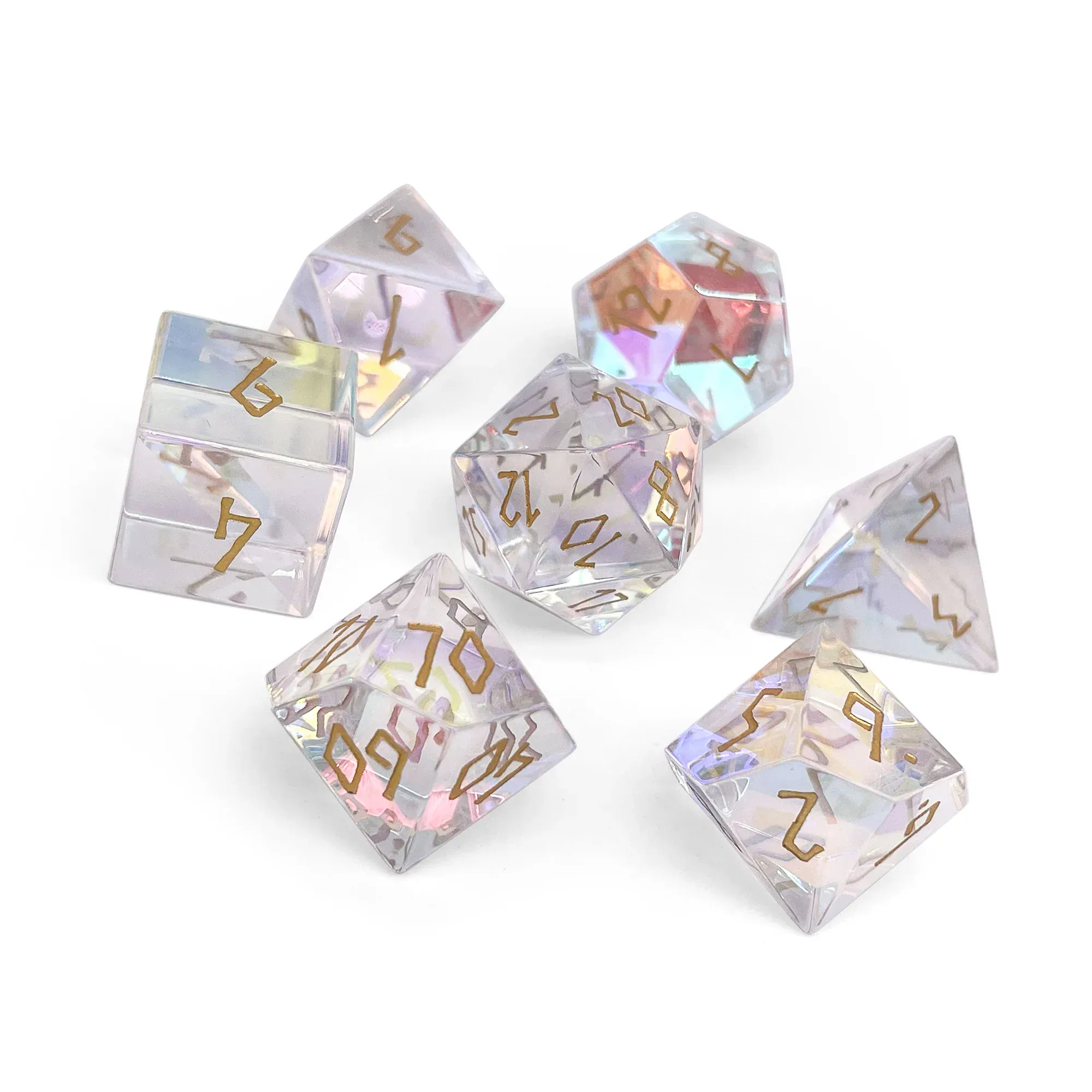 Norse Foundry: Glass Dice - K9 Rainbow Glass Gold Font (7pc Set) - Image 2