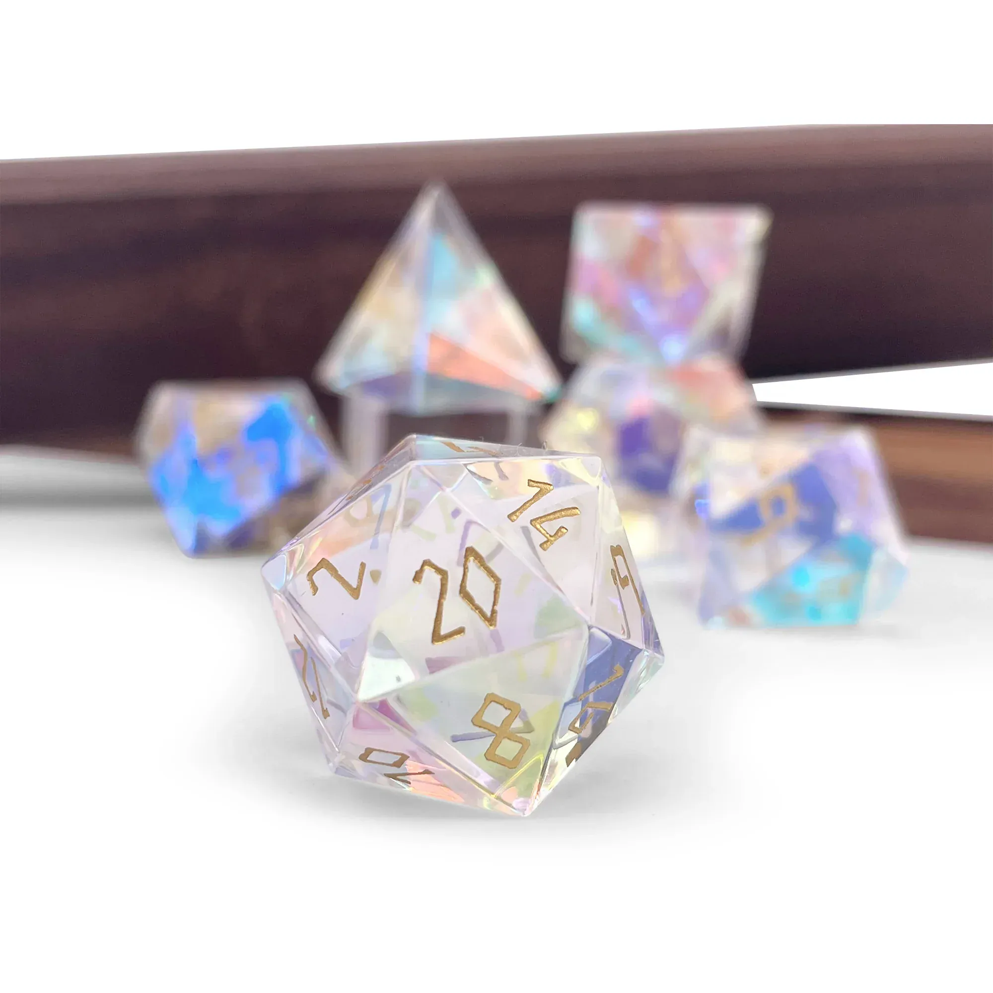 Norse Foundry: Glass Dice - K9 Rainbow Glass Gold Font (7pc Set) - Image 3