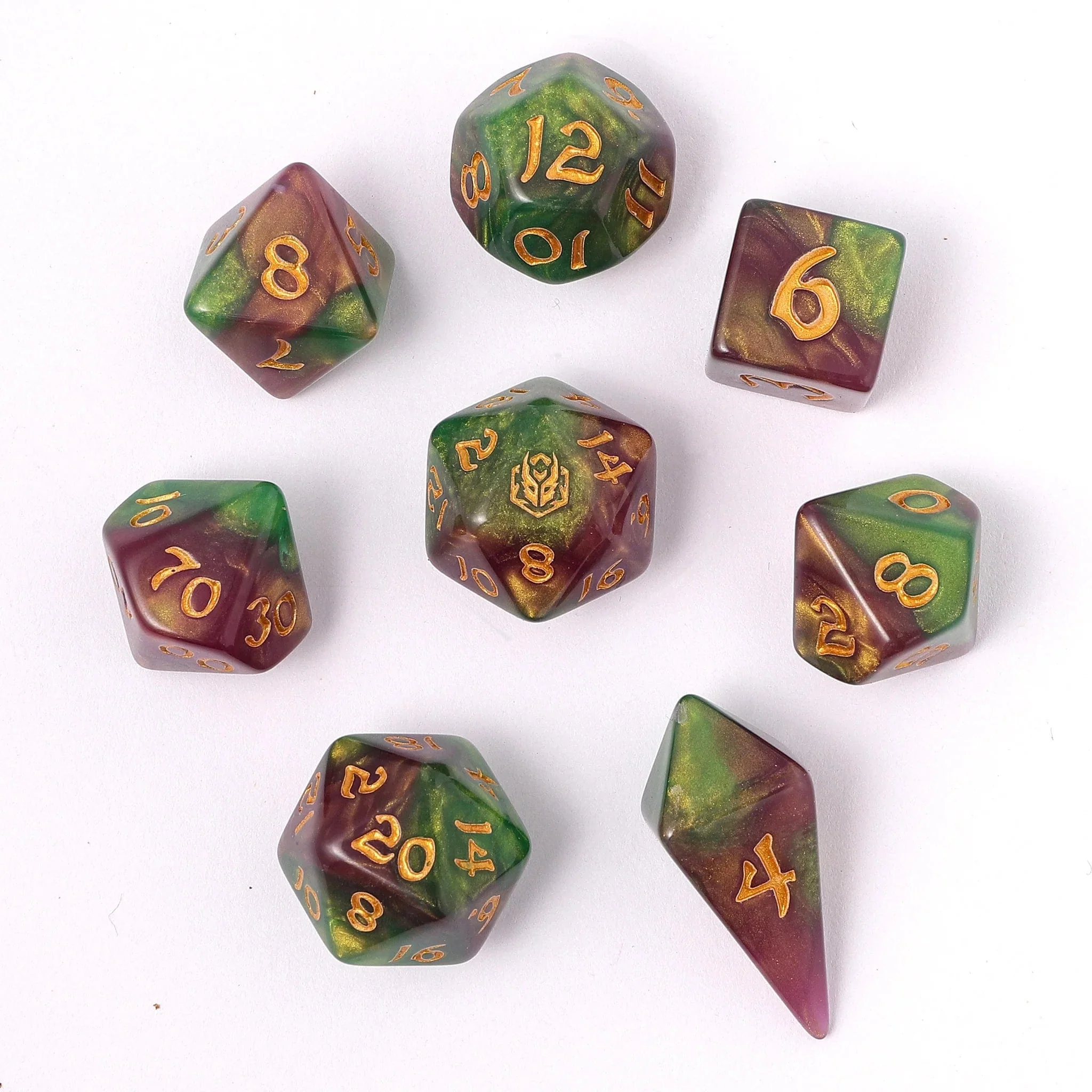 HY02005: Wyrmforged Rollers - Rounded Edge 8 Piece Polyhedral Dice set - Wyvern Venom